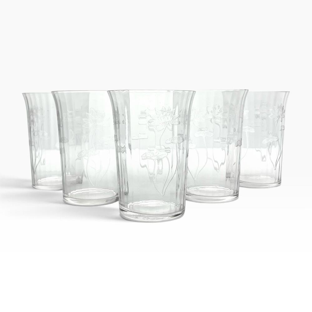 1910s Antique Fostoria Lotus 5 Etched Optic Highball Tumbler Glasses 4 1/8” 10oz